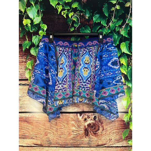 Zara High Waisted Lined Mini Skirt Boho Aztec Royal Blue Swing Asymmetric M NWT - Picture 1 of 9